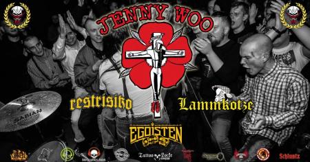 Flyer von Termin "Jenny Woo, Lammkotze, Restrisiko, Egoisten"
