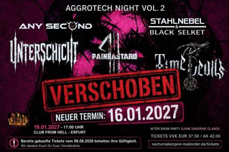 Flyer von Termin "Any Second, Brute, Stahlnebel & Black Selket, Time Devils, Painbastard, Unterschicht"